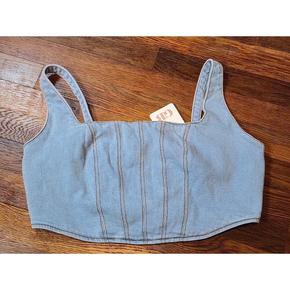 GB Denim Corset Crop Top Light Wash Blue Square Neck GB2143HD Womens Large NWT